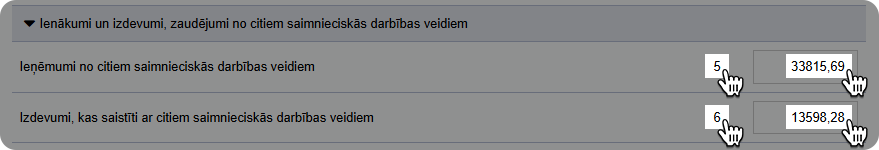 D3 pielikuma 5. un 6. rindas aizpildīšana ar ieņēmumiem un izdevumiem