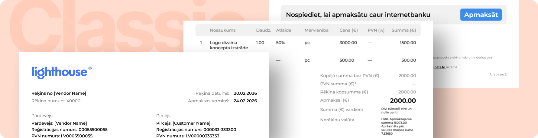 Rēķina Classic dizains - pazīstams un universāls klasiskais noformējums