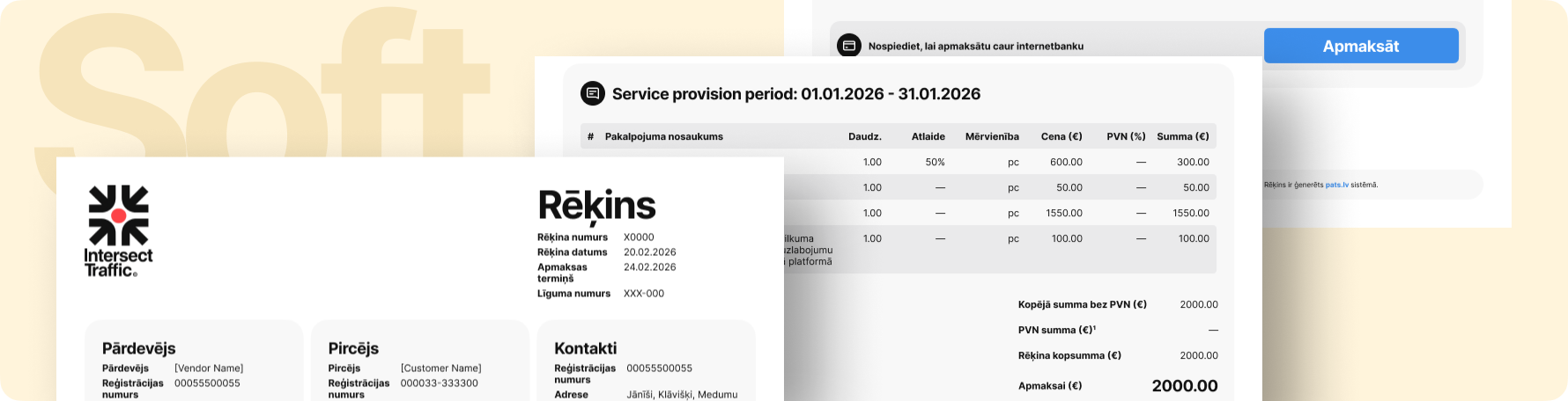 Rēķina Soft dizains - mūsdienīgs un pārskatāms izkārtojums ar skaidri nodalītiem blokiem